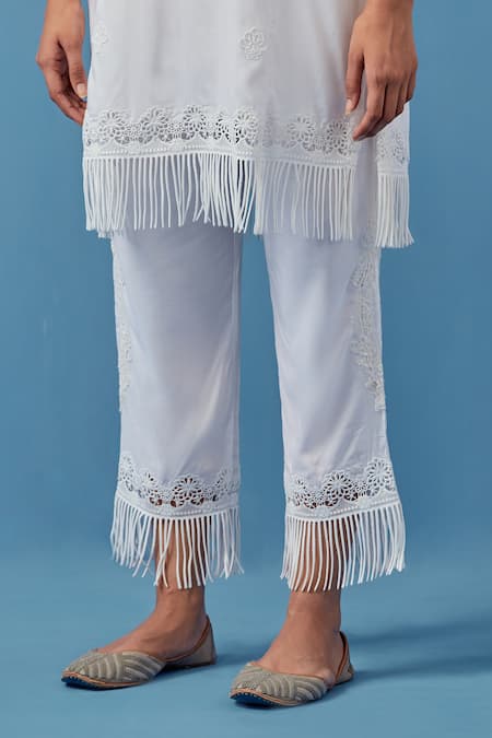 Shop Sage Saga White Cotton, Modal Embroidery, Lace Keyhole Crochet Applique Kurta Palazzo Set Online at Aza Fashions Shop_Sage Saga_White Cotton, Modal Embroidery, Lace Keyhole Crochet Applique Kurta Palazzo Set _Online_at_Aza_Fashions