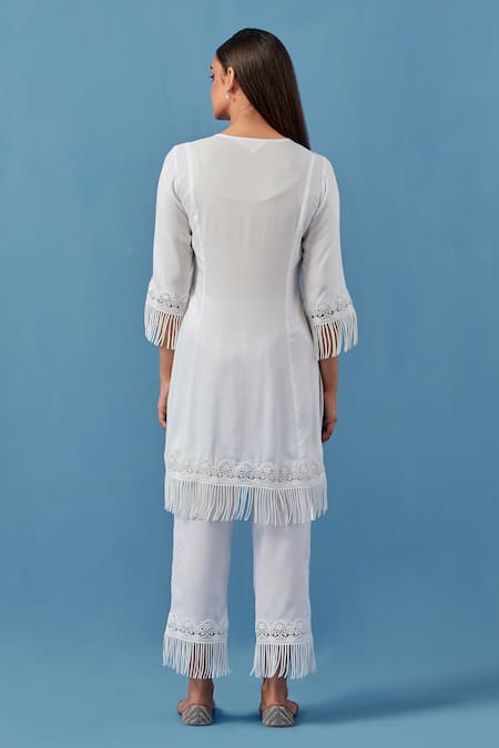 Shop Sage Saga White Cotton, Modal Embroidery, Lace Keyhole Crochet Applique Kurta Palazzo Set at Aza Fashions Shop_Sage Saga_White Cotton, Modal Embroidery, Lace Keyhole Crochet Applique Kurta Palazzo Set _at_Aza_Fashions