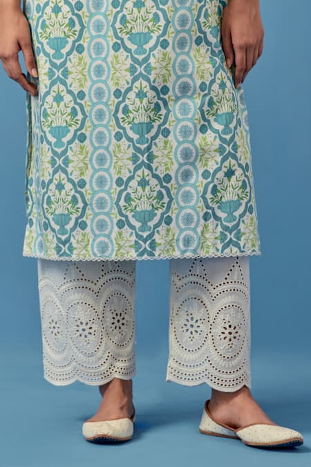 Buy Sage Saga Blue Lace, Linen Embroidery V-neck Floral Schiffli Kurta And Palazzo Set Online at Aza Fashions Buy_Sage Saga_Blue Lace, Linen Embroidery V-neck Floral Schiffli Kurta And Palazzo Set _Online_at_Aza_Fashions