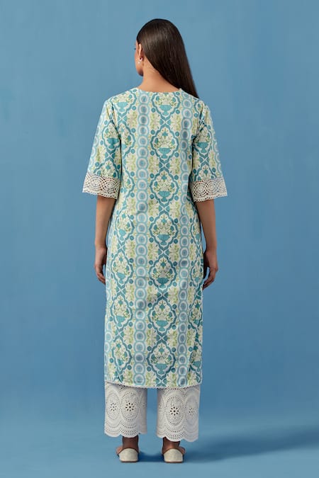 Shop Sage Saga Blue Lace, Linen Embroidery V-neck Floral Schiffli Kurta And Palazzo Set at Aza Fashions Shop_Sage Saga_Blue Lace, Linen Embroidery V-neck Floral Schiffli Kurta And Palazzo Set _at_Aza_Fashions