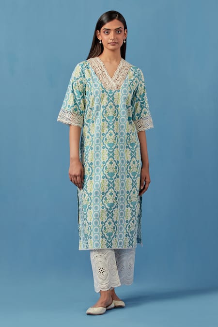 Sage Saga_Blue Muslin Embroidery V-neck Floral Print Kurta Palazzo Set _Online_at_Aza_Fashions