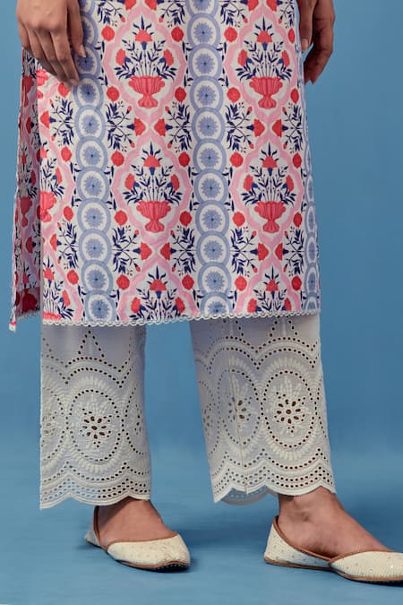Buy_Sage Saga_Pink Lace, Cotton, Linen Embroidery V-neck Floral Schiffli Kurta And Palazzo Set _Online_at_Aza_Fashions