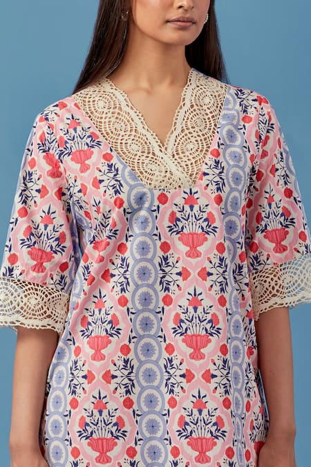 Shop_Sage Saga_Pink Lace, Cotton, Linen Embroidery V-neck Floral Schiffli Kurta And Palazzo Set _Online_at_Aza_Fashions