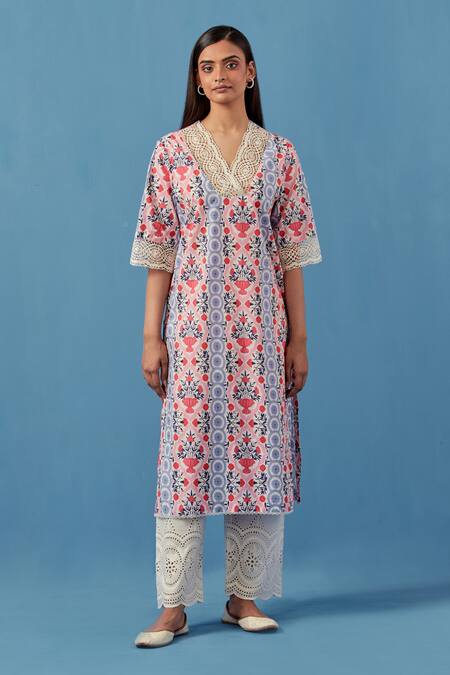 Sage Saga Pink Muslin, Linen Embroidery V-neck Floral Schiffli Kurta Palazzo Set Online at Aza Fashions Sage Saga_Pink Muslin, Linen Embroidery V-neck Floral Schiffli Kurta Palazzo Set _Online_at_Aza_Fashions