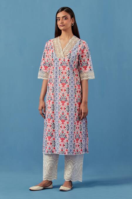 Buy Sage Saga Pink Muslin, Linen Embroidery V-neck Floral Schiffli Kurta Palazzo Set Online at Aza Fashions Buy_Sage Saga_Pink Muslin, Linen Embroidery V-neck Floral Schiffli Kurta Palazzo Set _Online_at_Aza_Fashions