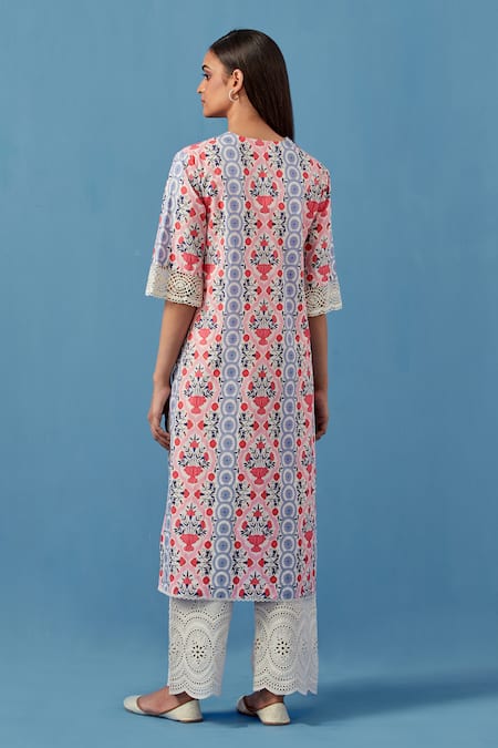 Shop Sage Saga Pink Muslin, Linen Embroidery V-neck Floral Schiffli Kurta Palazzo Set at Aza Fashions Shop_Sage Saga_Pink Muslin, Linen Embroidery V-neck Floral Schiffli Kurta Palazzo Set _at_Aza_Fashions