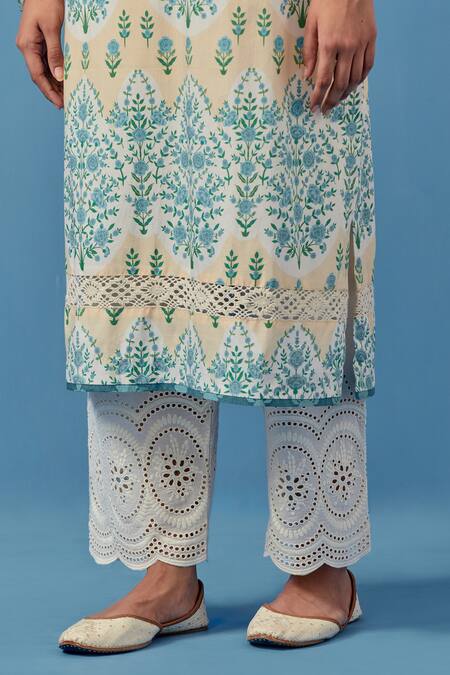 Shop Sage Saga Yellow Cotton, Linen Embroidery, Lace Round Floral Print Kurta Set With Palazzo Online at Aza Fashions Shop_Sage Saga_Yellow Cotton, Linen Embroidery, Lace Round Floral Print Kurta Set With Palazzo _Online_at_Aza_Fashions