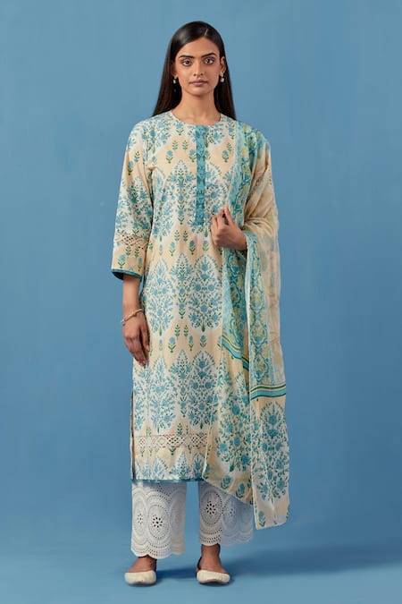 Sage Saga Yellow Muslin, Linen Embroidery Round Neck Floral Print Kurta Set With Dupatta 