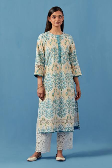 Sage Saga Yellow Muslin, Linen Embroidery Round Neck Floral Print Kurta Set With Dupatta Online at Aza Fashions Sage Saga_Yellow Muslin, Linen Embroidery Round Neck Floral Print Kurta Set With Dupatta _Online_at_Aza_Fashions