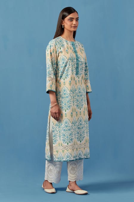 Buy Sage Saga Yellow Muslin, Linen Embroidery Round Neck Floral Print Kurta Set With Dupatta Online at Aza Fashions Buy_Sage Saga_Yellow Muslin, Linen Embroidery Round Neck Floral Print Kurta Set With Dupatta _Online_at_Aza_Fashions