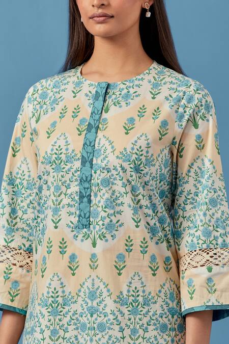 Shop Sage Saga Yellow Muslin, Linen Embroidery Round Neck Floral Print Kurta Set With Dupatta Online at Aza Fashions Shop_Sage Saga_Yellow Muslin, Linen Embroidery Round Neck Floral Print Kurta Set With Dupatta _Online_at_Aza_Fashions