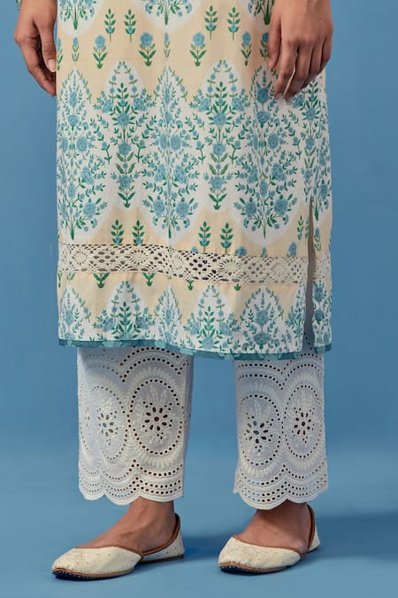 Sage Saga Yellow Muslin, Linen Embroidery Round Neck Floral Print Kurta Set With Dupatta at Aza Fashions Sage Saga_Yellow Muslin, Linen Embroidery Round Neck Floral Print Kurta Set With Dupatta _at_Aza_Fashions