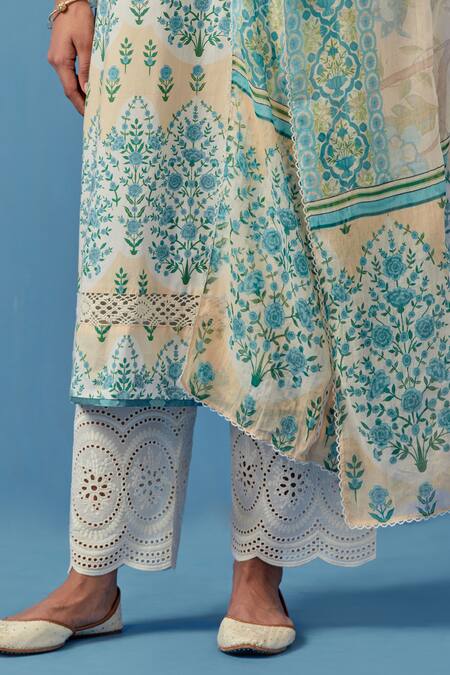 Buy Sage Saga Yellow Muslin, Linen Embroidery Round Neck Floral Print Kurta Set With Dupatta Buy_Sage Saga_Yellow Muslin, Linen Embroidery Round Neck Floral Print Kurta Set With Dupatta