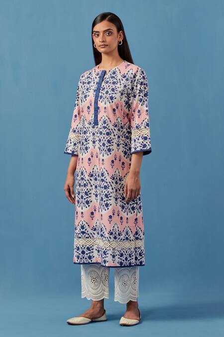 Sage Saga_Pink Lace Kainoosh Floral Bloom Print Kurta With Palazzo For Kids_Online_at_Aza_Fashions