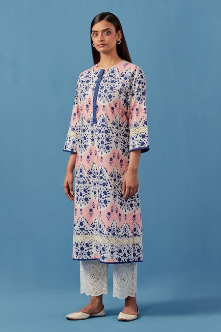 Buy Sage Saga Pink Muslin, Linen Embroidery Round Neck Floral Print Kurta Palazzo Set Online at Aza Fashions Buy_Sage Saga_Pink Muslin, Linen Embroidery Round Neck Floral Print Kurta Palazzo Set _Online_at_Aza_Fashions