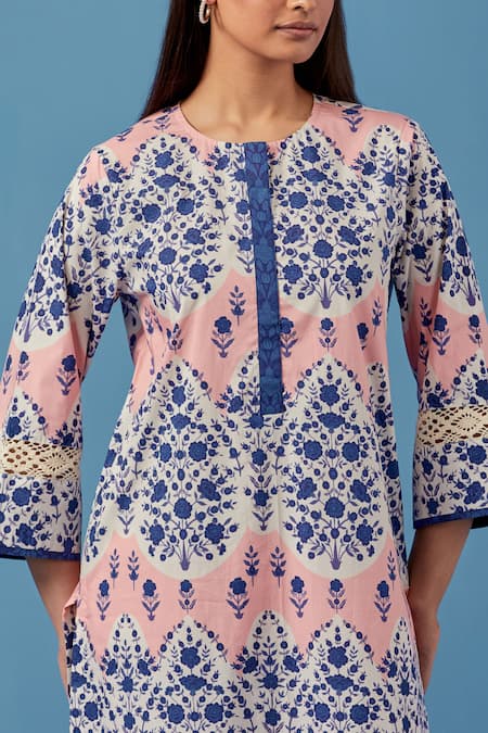 Shop Sage Saga Pink Muslin, Linen Embroidery Round Neck Floral Print Kurta Palazzo Set Online at Aza Fashions Shop_Sage Saga_Pink Muslin, Linen Embroidery Round Neck Floral Print Kurta Palazzo Set _Online_at_Aza_Fashions