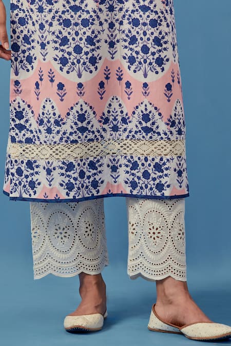 Sage Saga Pink Muslin, Linen Embroidery Round Neck Floral Print Kurta Palazzo Set at Aza Fashions Sage Saga_Pink Muslin, Linen Embroidery Round Neck Floral Print Kurta Palazzo Set _at_Aza_Fashions