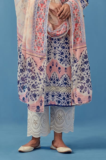 Buy Sage Saga Pink Muslin, Linen Embroidery Round Neck Floral Print Kurta Palazzo Set Buy_Sage Saga_Pink Muslin, Linen Embroidery Round Neck Floral Print Kurta Palazzo Set
