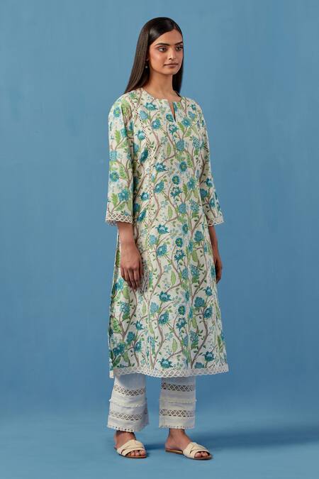 Sage Saga Ivory Cotton, Linen Embroidery Round Neck Floral Crochet Kurta Set Online at Aza Fashions Sage Saga_Ivory Cotton, Linen Embroidery Round Neck Floral Crochet Kurta Set _Online_at_Aza_Fashions