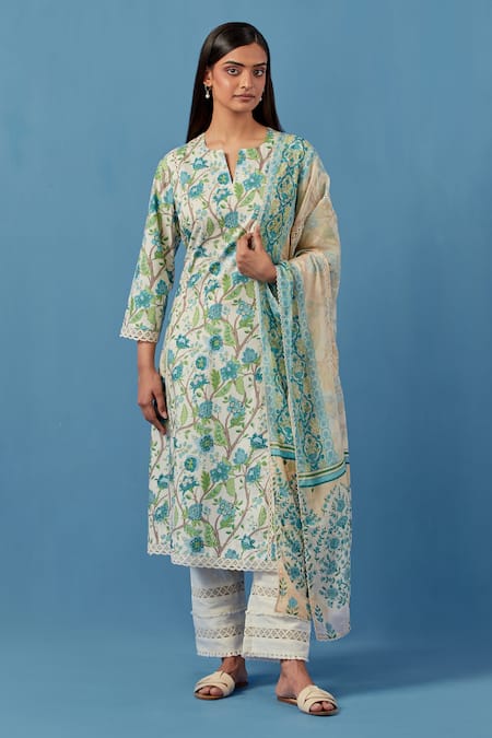 Sage Saga Ivory Muslin, Linen, Lace Embroidery Round Floral Vine Print Kurta Palazzo Set 