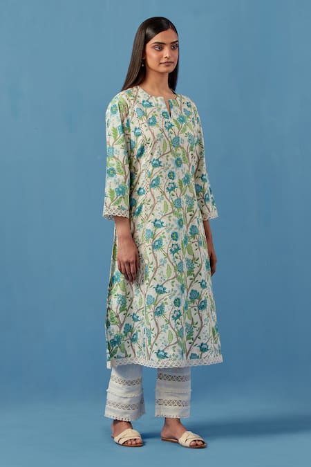 Buy Sage Saga Ivory Muslin, Linen, Lace Embroidery Round Floral Vine Print Kurta Palazzo Set Online at Aza Fashions Buy_Sage Saga_Ivory Muslin, Linen, Lace Embroidery Round Floral Vine Print Kurta Palazzo Set _Online_at_Aza_Fashions