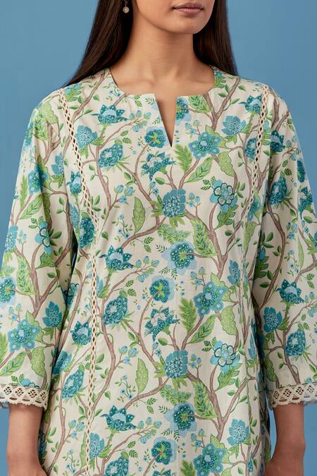 Shop Sage Saga Ivory Muslin, Linen, Lace Embroidery Round Floral Vine Print Kurta Palazzo Set Online at Aza Fashions Shop_Sage Saga_Ivory Muslin, Linen, Lace Embroidery Round Floral Vine Print Kurta Palazzo Set _Online_at_Aza_Fashions