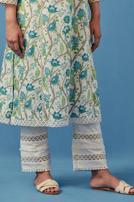 Sage Saga Ivory Muslin, Linen, Lace Embroidery Round Floral Vine Print Kurta Palazzo Set at Aza Fashions Sage Saga_Ivory Muslin, Linen, Lace Embroidery Round Floral Vine Print Kurta Palazzo Set _at_Aza_Fashions