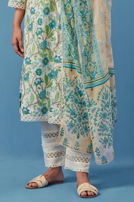 Buy Sage Saga Ivory Muslin, Linen, Lace Embroidery Round Floral Vine Print Kurta Palazzo Set Buy_Sage Saga_Ivory Muslin, Linen, Lace Embroidery Round Floral Vine Print Kurta Palazzo Set