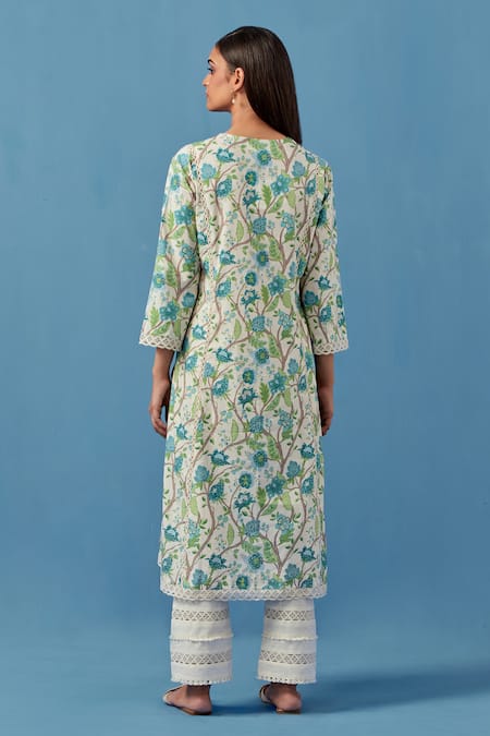 Shop Sage Saga Ivory Muslin, Linen, Lace Embroidery Round Floral Vine Print Kurta Palazzo Set at Aza Fashions Shop_Sage Saga_Ivory Muslin, Linen, Lace Embroidery Round Floral Vine Print Kurta Palazzo Set _at_Aza_Fashions