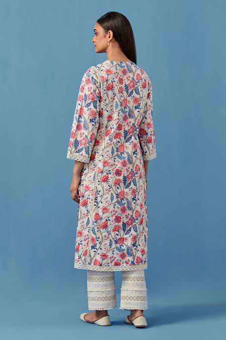 Shop Sage Saga Ivory Lace, Linen Embroidery Round Neck Floral Crochet Kurta Set at Aza Fashions Shop_Sage Saga_Ivory Lace, Linen Embroidery Round Neck Floral Crochet Kurta Set _at_Aza_Fashions