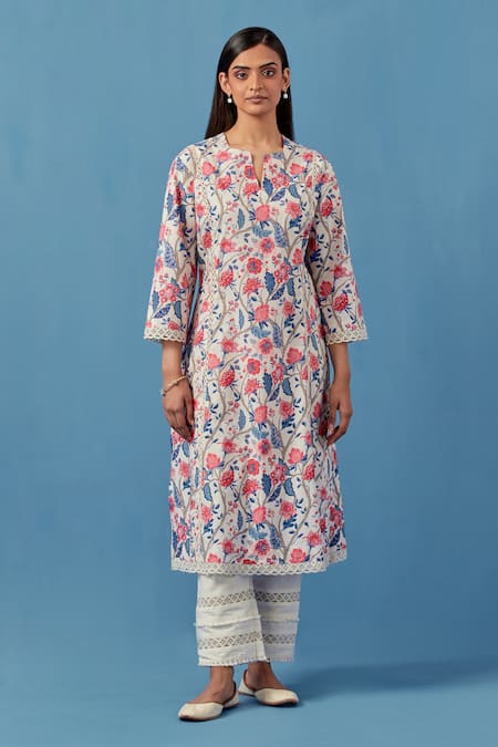 Sage Saga_Ivory Linen, Cotton, Muslin Embroidery Round Neck Floral Print Kurta Palazzo Set _Online_at_Aza_Fashions
