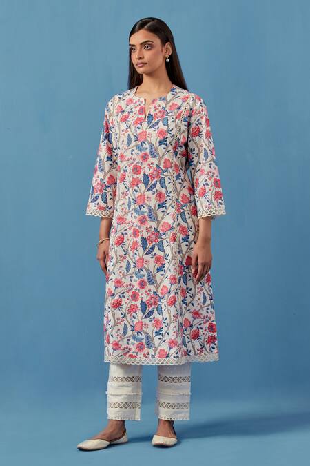 Buy_Sage Saga_Ivory Linen, Cotton, Muslin Embroidery Round Neck Floral Print Kurta Palazzo Set _Online_at_Aza_Fashions