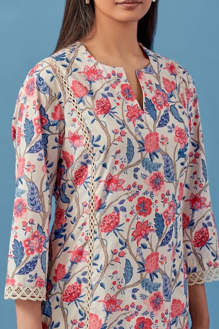 Sage Saga_Ivory Linen, Cotton, Muslin Embroidery Round Neck Floral Print Kurta Palazzo Set _at_Aza_Fashions