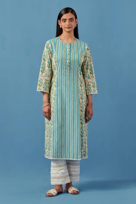 Sage Saga Malhaar Stripe & Flower Print Kurta With Palazzo For Kids