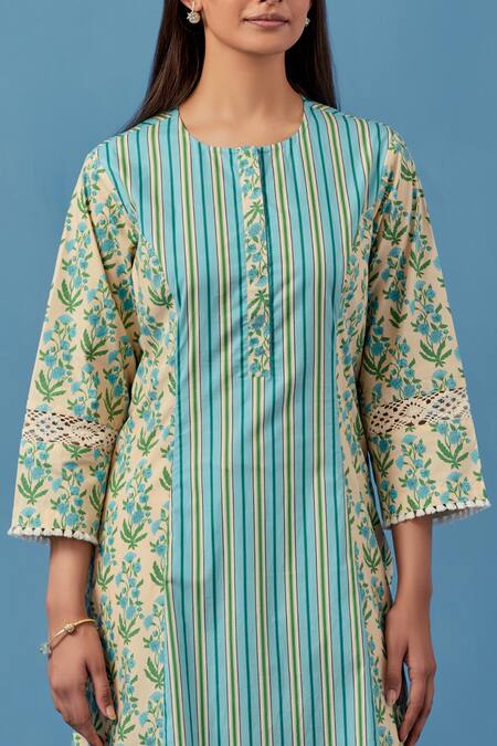 Buy_Sage Saga_Yellow Embroidery, Malhaar Stripe And Flower Print Kurta With Palazzo For Kids_Online_at_Aza_Fashions