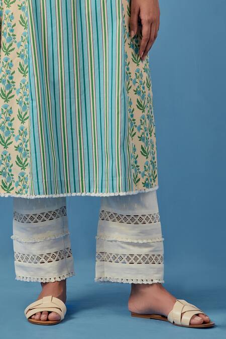 Shop_Sage Saga_Yellow Embroidery, Malhaar Stripe And Flower Print Kurta With Palazzo For Kids_Online_at_Aza_Fashions