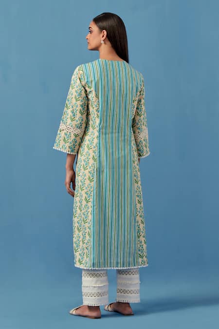 Sage Saga Malhaar Stripe & Flower Print Kurta With Palazzo For Kids