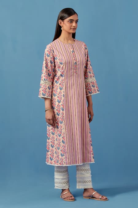Sage Saga_Pink Lace, Linen Embroidery Malhaar Stripe And Floral Print Kurta With Palazzo For Kids_Online_at_Aza_Fashions