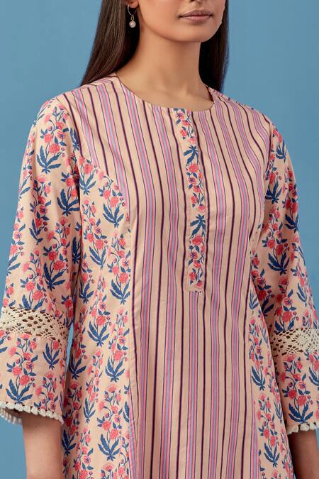 Buy_Sage Saga_Pink Lace, Linen Embroidery Malhaar Stripe And Floral Print Kurta With Palazzo For Kids_Online_at_Aza_Fashions