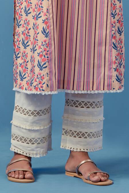 Shop_Sage Saga_Pink Lace, Linen Embroidery Malhaar Stripe And Floral Print Kurta With Palazzo For Kids_Online_at_Aza_Fashions