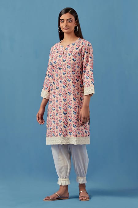 Sage Saga Pink , Cotton Badra Flower Print Kurta With Pant For Kids Online at Aza Fashions Sage Saga_Pink , Cotton Badra Flower Print Kurta With Pant For Kids_Online_at_Aza_Fashions