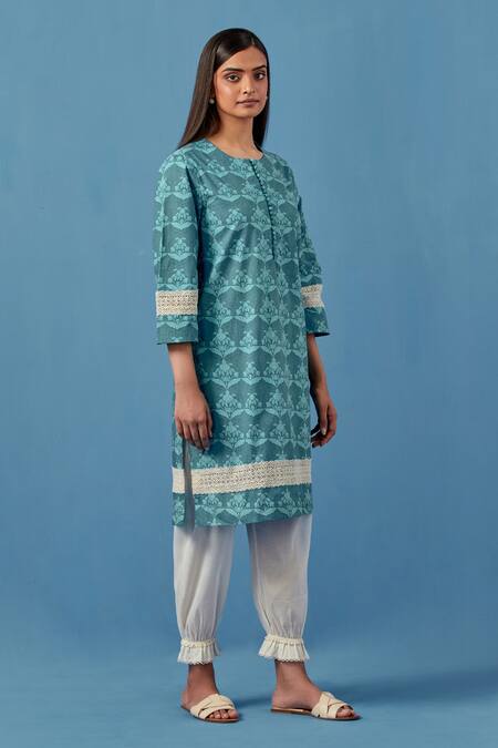 Sage Saga Blue , Linen, Cotton Barkha Floral Print Kurta With Pant For Kids Online at Aza Fashions Sage Saga_Blue , Linen, Cotton Barkha Floral Print Kurta With Pant For Kids_Online_at_Aza_Fashions