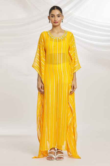 Samyukta Singhania_Yellow Viscose, Cotton Zari Round Neck Stripe Kaftan Pant Set_Online_at_Aza_Fashions