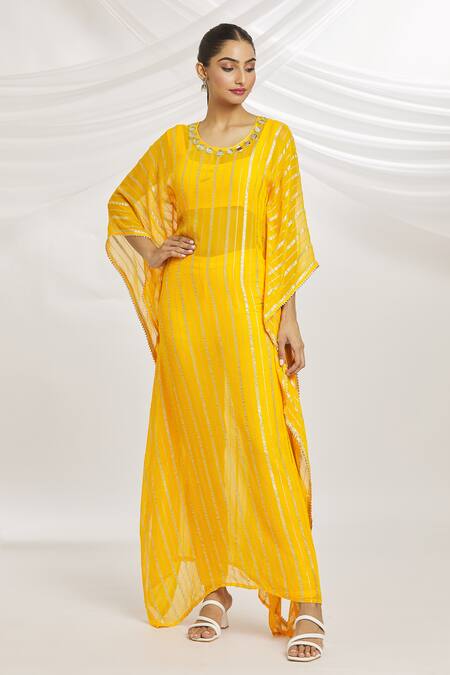 Shop_Samyukta Singhania_Yellow Viscose, Cotton Zari Round Neck Stripe Kaftan Pant Set_Online_at_Aza_Fashions