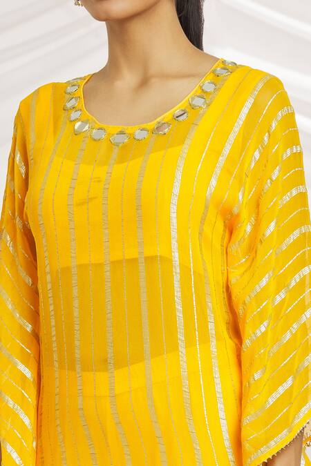 Samyukta Singhania_Yellow Viscose, Cotton Zari Round Neck Stripe Kaftan Pant Set_at_Aza_Fashions
