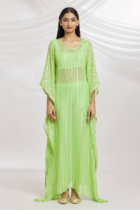 Samyukta Singhania_Green Viscose, Cotton Gota Patti Round Neck Striped Kaftan Pant Set_Online_at_Aza_Fashions
