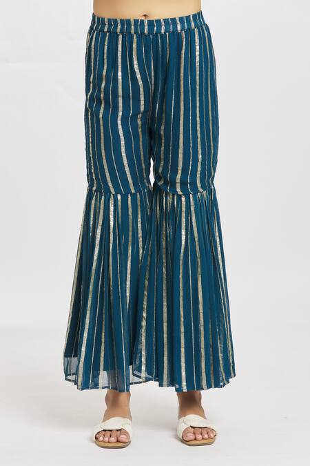 Buy_Samyukta Singhania_Blue Dupatta Organza, Kurta And Sharara Viscose Glittery Striped V Neck Set_Online_at_Aza_Fashions