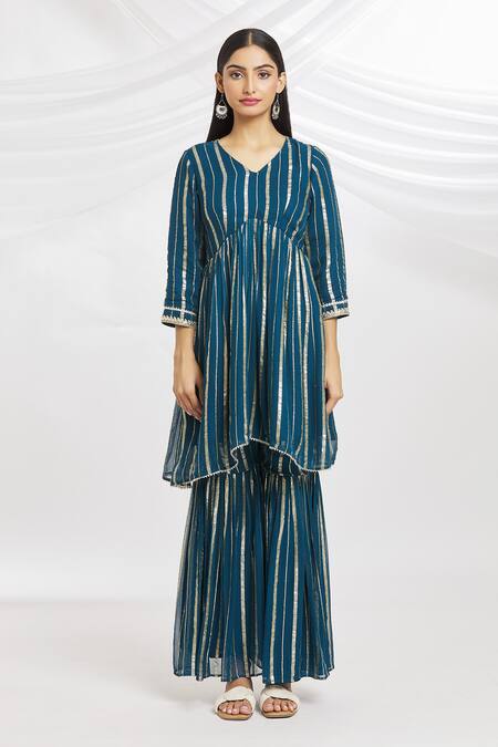 Shop_Samyukta Singhania_Blue Dupatta Organza, Kurta And Sharara Viscose Glittery Striped V Neck Set_Online_at_Aza_Fashions