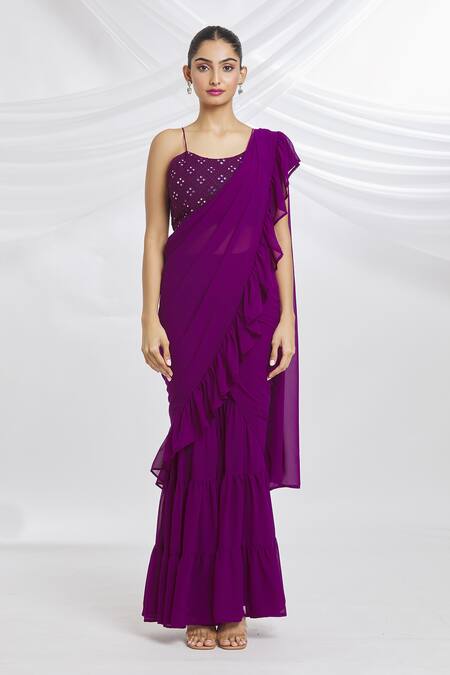 Samyukta Singhania_Purple Georgette Mirrors Square Neck Plain Ruffled Sharara Saree With Blouse_Online_at_Aza_Fashions