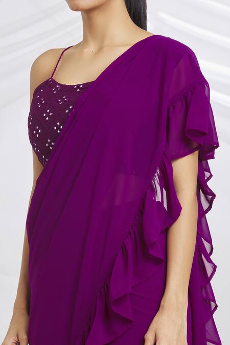 Buy_Samyukta Singhania_Purple Georgette Mirrors Square Neck Plain Ruffled Sharara Saree With Blouse_Online_at_Aza_Fashions